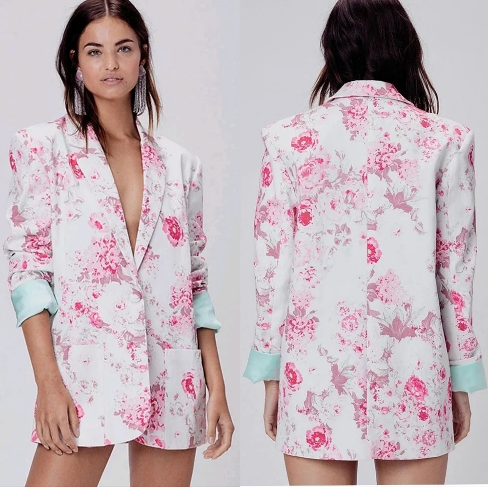 New!For Love And Lemons Weston Denim Floral‎ Women's Blazer - Pink and White